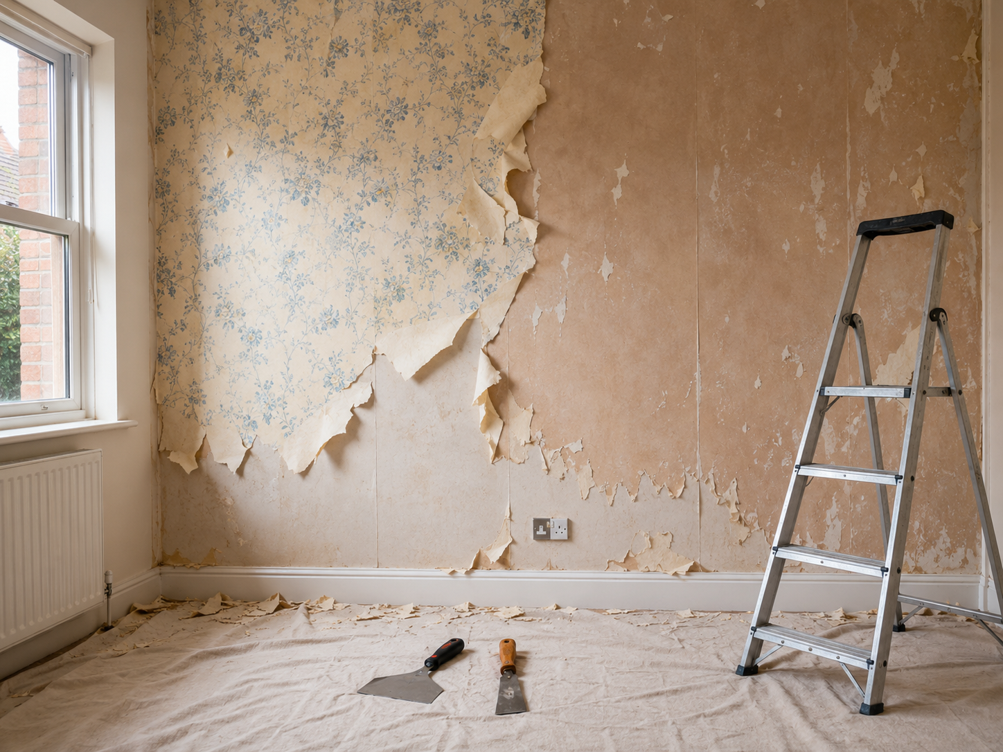 Room with old floral wallpaper being stripped from the wall beside a step ladder