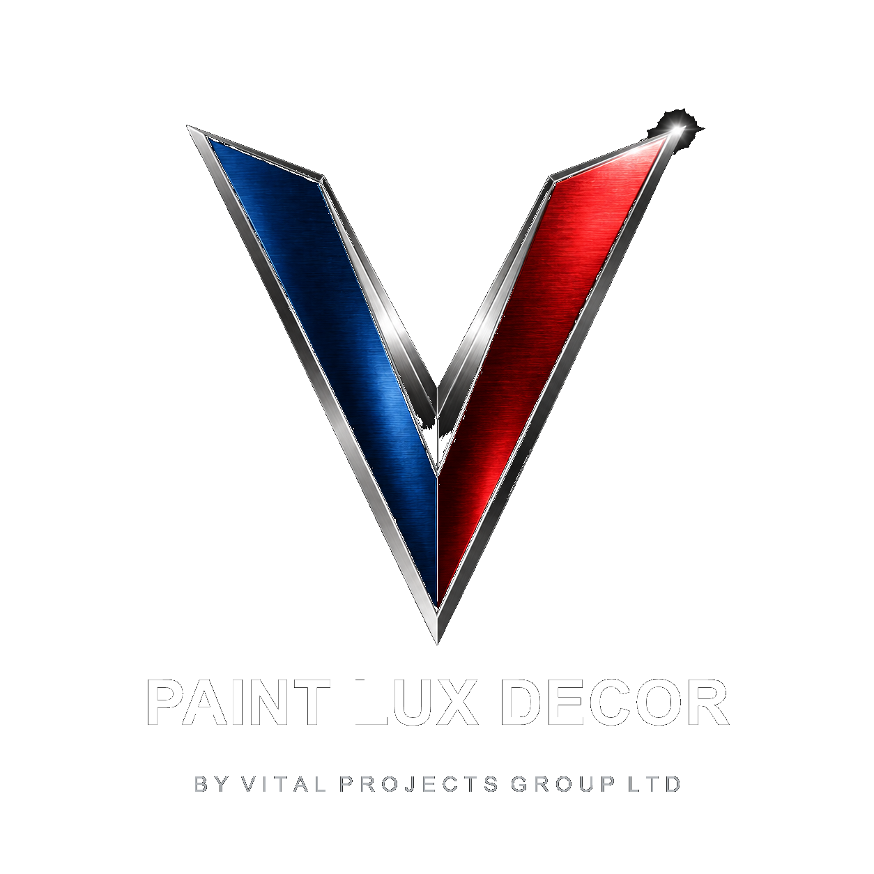 Paint Lux Decor logo — chrome V mark in blue and red